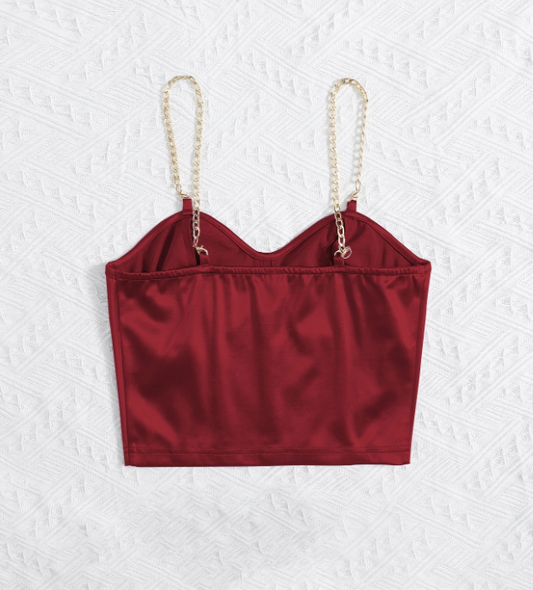 Top corto de tirantes bustier de seda con cadena