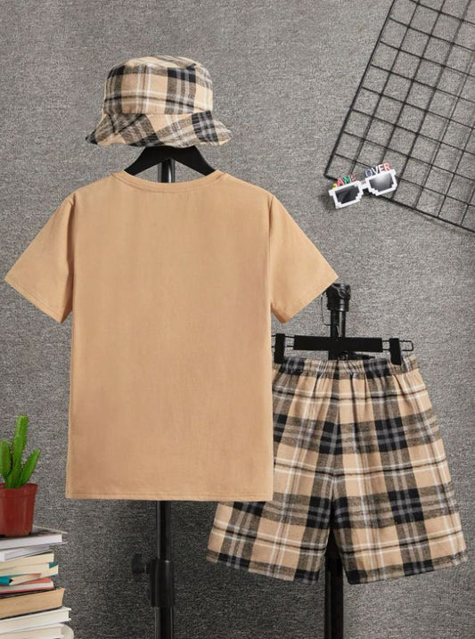 Camiseta Impresa Para Niño Preadolescente Con Cámara Y Pantalones Cortos De Cuadros Y Gorro