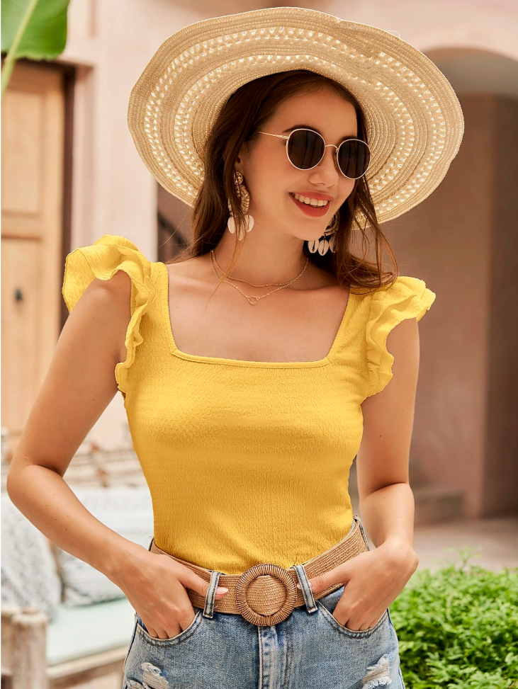 SHEIN VCAY Camiseta de cuello cuadrado ribete con fruncido