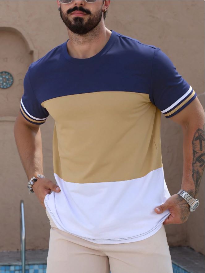 Manfinity Dauomo Camiseta casual ajustada de cuello redondo con mangas cortas a rayas y contraste de color para hombre