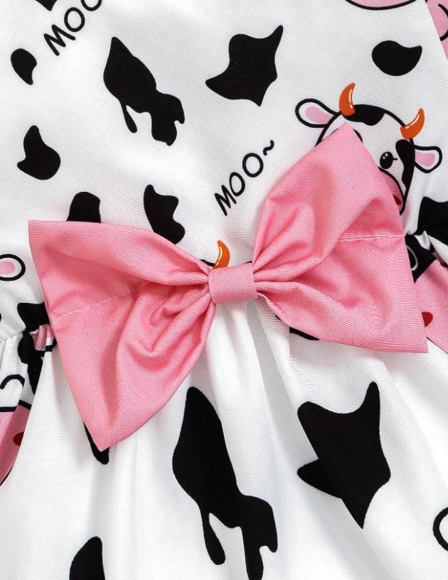 Conjunto De Vestido De Manga Corta Con Patrón De Vaca Y Diadema Con Lazo
