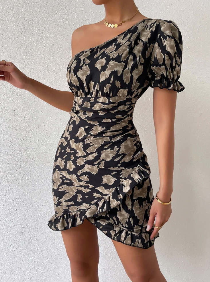 Rafferiza Vestido ajustado con estampado de manga farol de un hombro ribete con fruncido