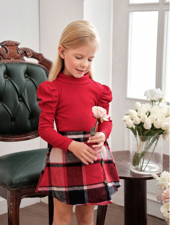 SHEIN Niña joven Camiseta de cuello simulado con mangas abombadas y falda asimétrica con estampado