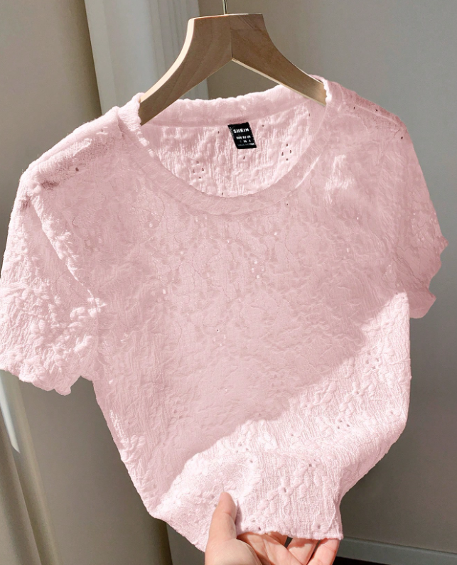 Camiseta básica de manga corta de cuello redondo tejida en jacquard rosa