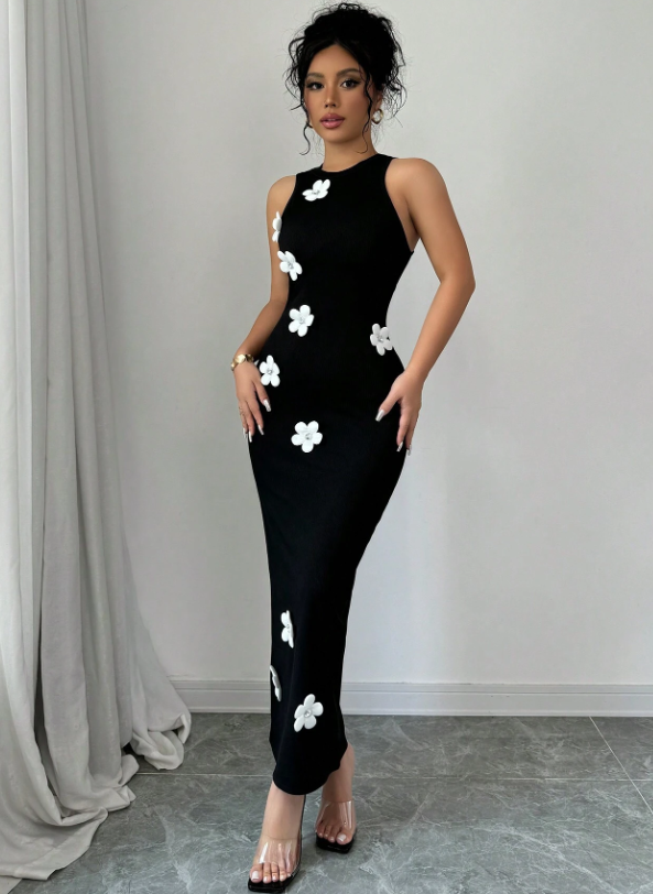 Rafferiza Vestido largo casual para mujer con cuello redondo, sin mangas y decoración floral 3D