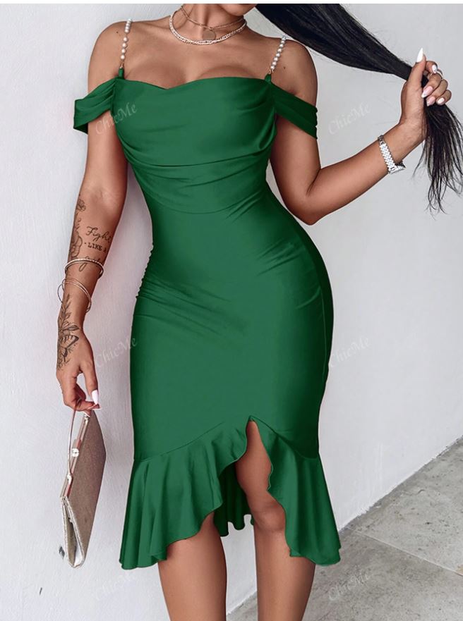 ChicMe Vestido de fiesta elegante de corte ceñido midi con escote frío, tirantes de perlas, volantes en el bajo