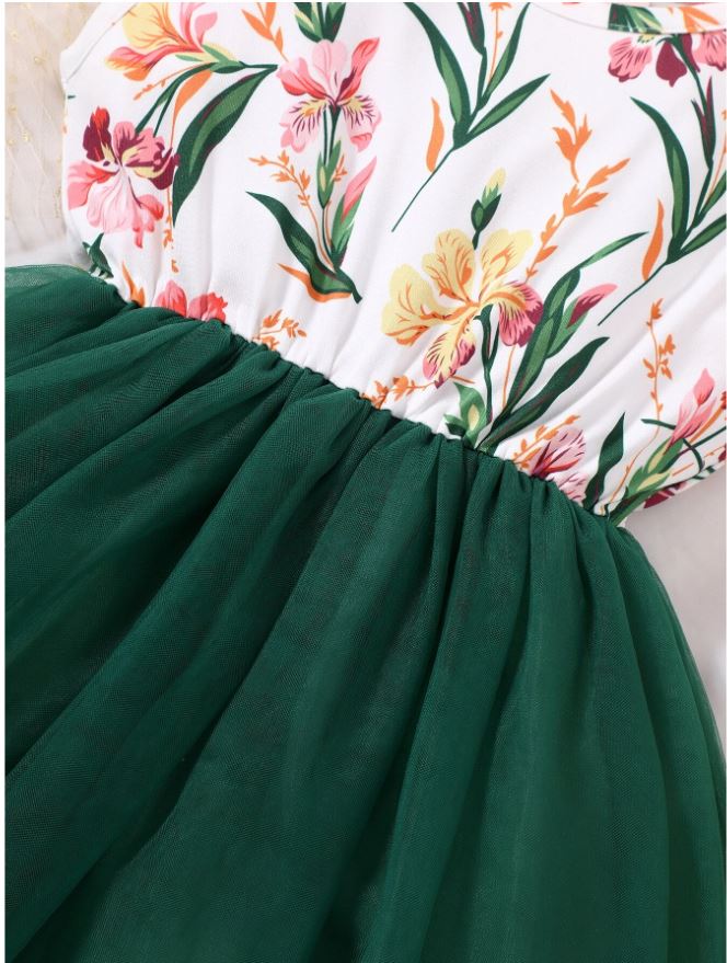 SHEIN Glamorique Kids Vestido De Línea A Con Malla De Contraste Y Estampado Floral Par