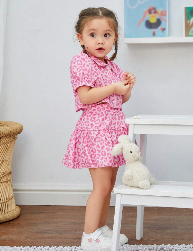 SHEIN Conjunto de camisa con estampado de leopardo rosa y falda para bebé niña para primavera/verano