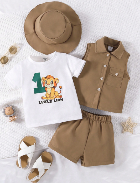 conjunto Chaleco Sin Mangas De Estilo Vintage Para Bebé, Camiseta De Cuello Redondo, Pantalones Cortos Sueltos Con Sombrero Grande