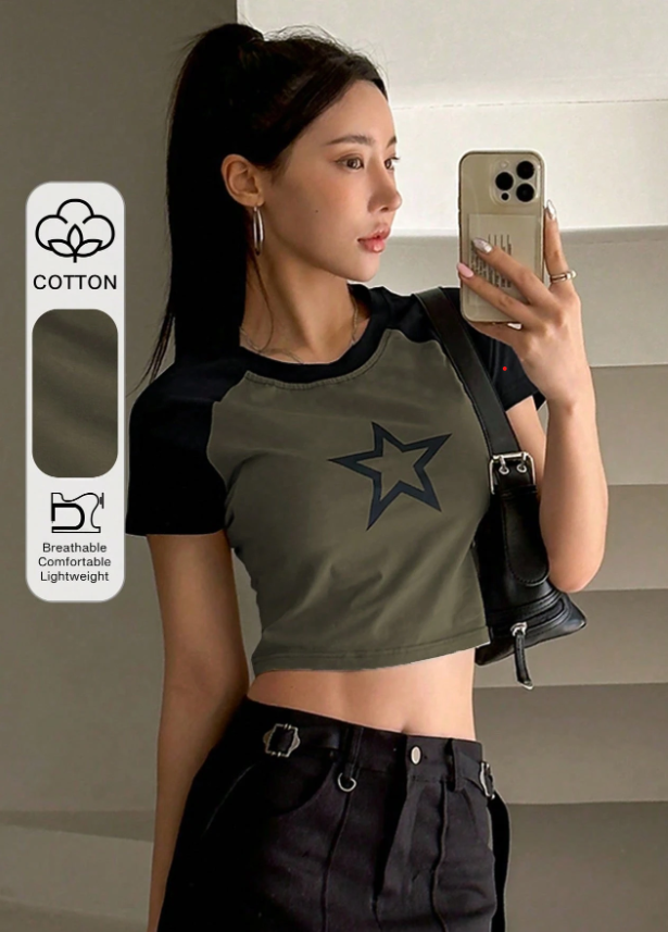 DAZY Camiseta corta con mangas raglán y estampado de estrella, estilo Y2K