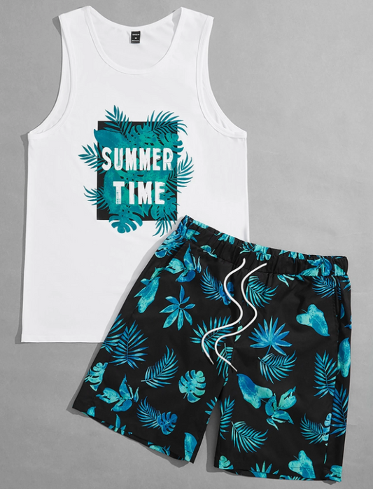 Hombres Top tank con estampado tropical con slogan & Shorts de cintura con cordón