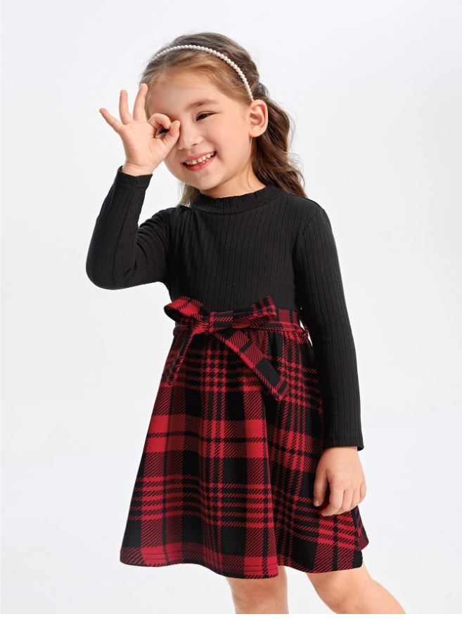 SHEIN Vestido casual a cuadros con parches y cinturón para niñas jóvenes, otoño