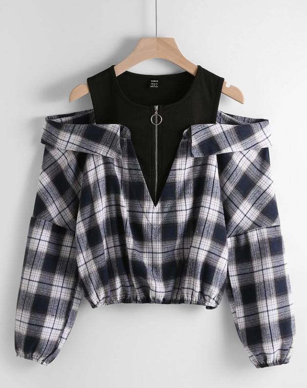 Blusa con hombros descubiertos, cierre de cremallera y diseño de cuadros