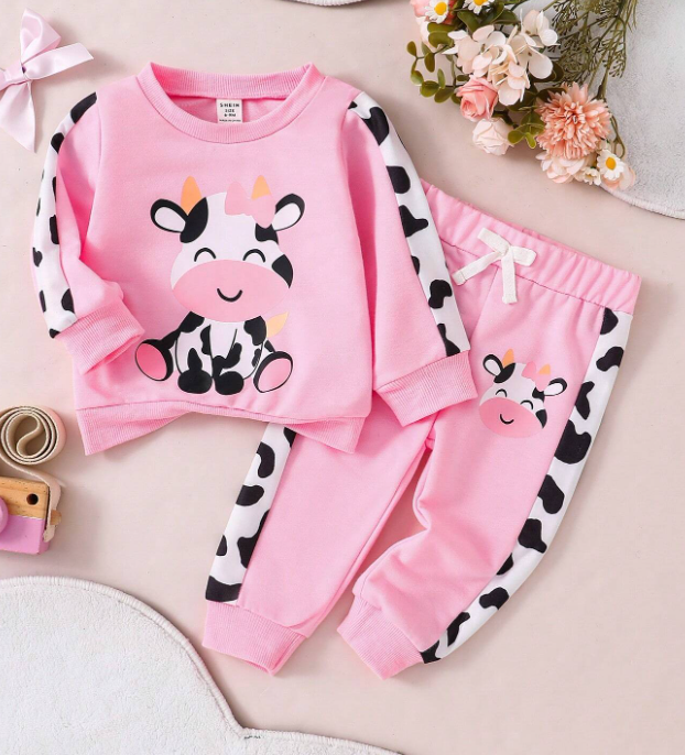 Conjunto informal de sudadera de cuello redondo de manga larga con estampado de vaca lindo de dibujos animados y pantalones deportivos