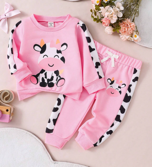 Conjunto informal de sudadera de cuello redondo de manga larga con estampado de vaca lindo de dibujos animados y pantalones deportivos