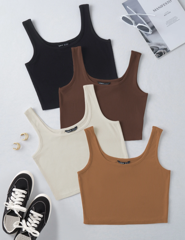 Set de 4 tops sin mangas de tirantes anchos de unicolor con cuello en U