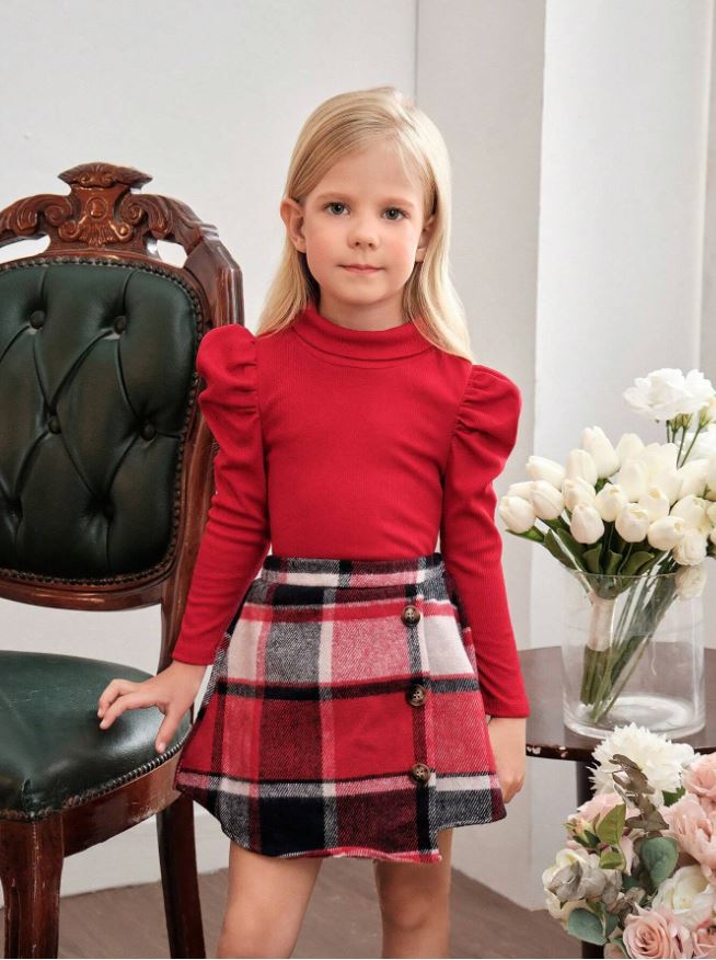 SHEIN Niña joven Camiseta de cuello simulado con mangas abombadas y falda asimétrica con estampado