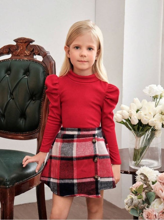 SHEIN Niña joven Camiseta de cuello simulado con mangas abombadas y falda asimétrica con estampado