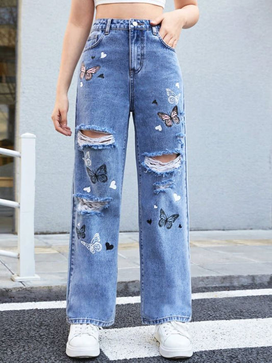 SHEIN Chicas adolescentes Jeans de pierna recta con estampado de mariposa desgarro