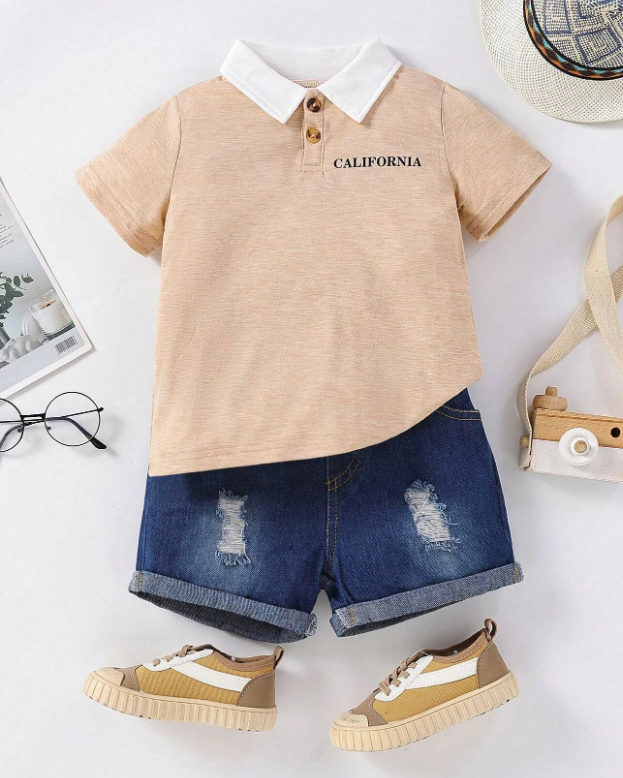 Camisa polo & desgarro Shorts en mezclilla