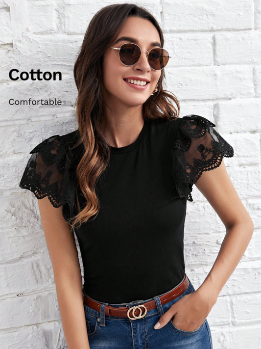 SHEIN Clasi Top ajustado de manga mariposa con malla con bordado