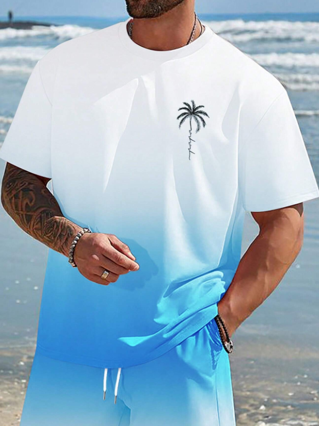 Camiseta informal de manga corta con cuello redondo para hombre con estampado de palmeras