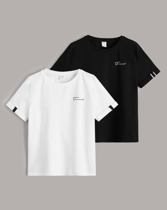 SHEIN Conjunto de 2 piezas para niño preadolescente, camiseta con detalle de cinta gráfica con letras SKU: sk2112155459710610
