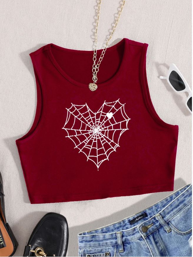 Flirla Camiseta de tirantes corta con estampado de corazón y telaraña para mujeres