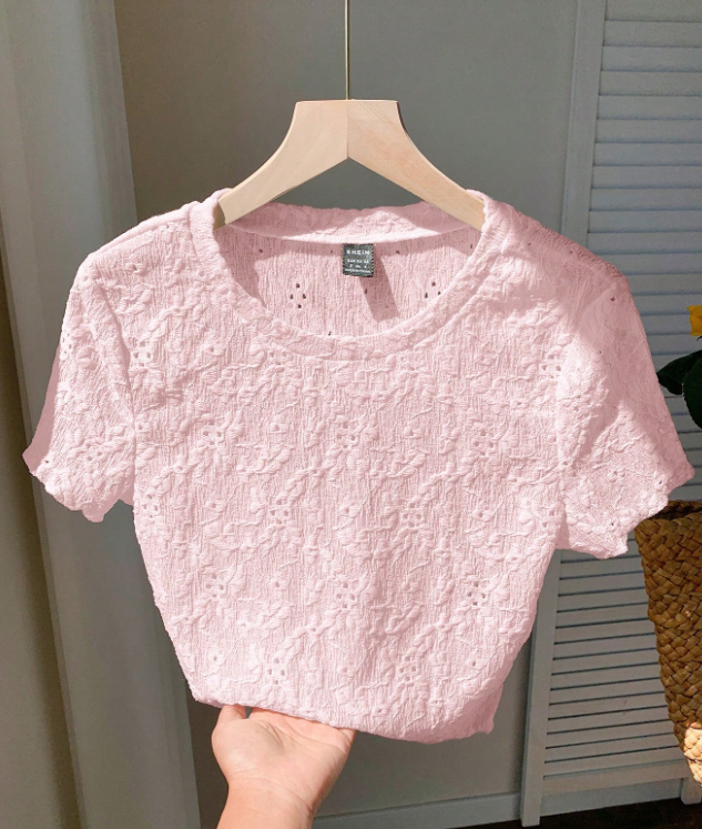Camiseta básica de manga corta de cuello redondo tejida en jacquard rosa