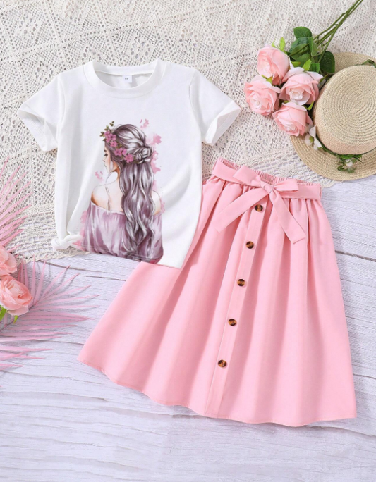 Conjunto de top de manga corta con impresión de personaje floral y falda con botones para niña joven