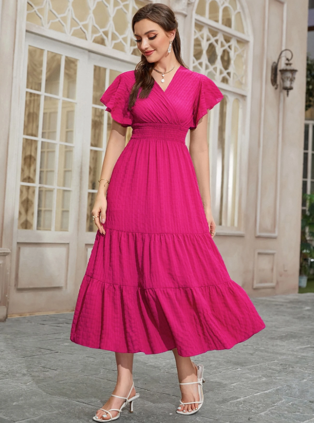 Mulvari Vestido largo con mangas de mariposa, detalle fruncido y volante en el bajo para mujeres