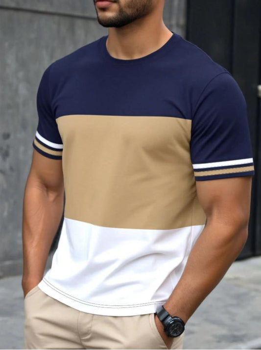 Manfinity Dauomo Camiseta casual ajustada de cuello redondo con mangas cortas a rayas y contraste de color para hombre