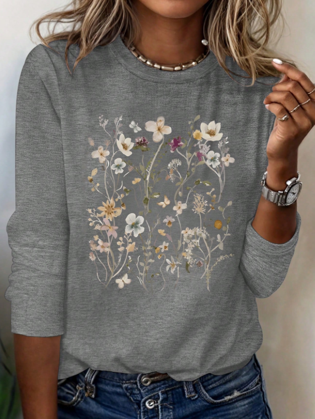 Camiseta redonda con estampado de flores casual