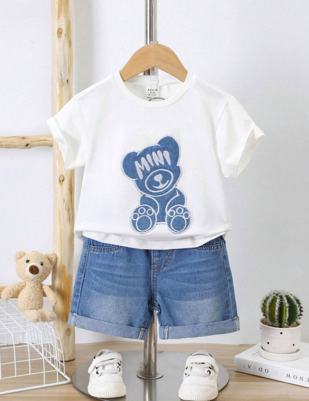 Conjunto de 2 piezas para bebé niño, camiseta blanca con cuello redondo de mangas corta