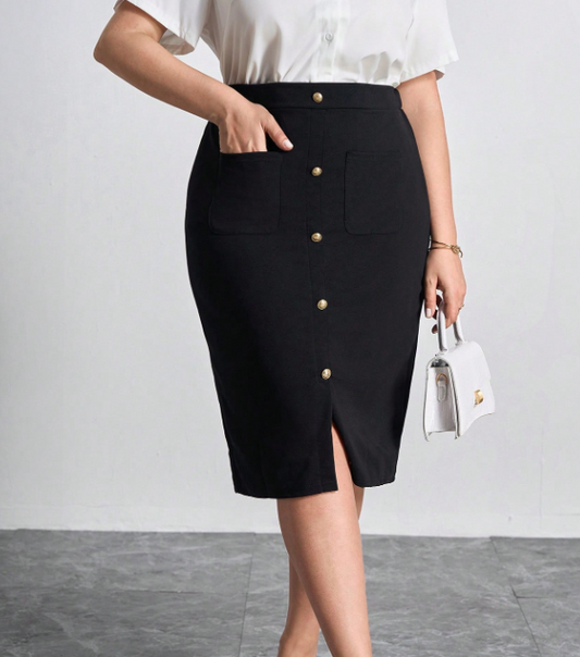 Chikora Falda ajustado con bolsillos y decoración de botones para mujer de talla grande, atuendos de oficina para mujer