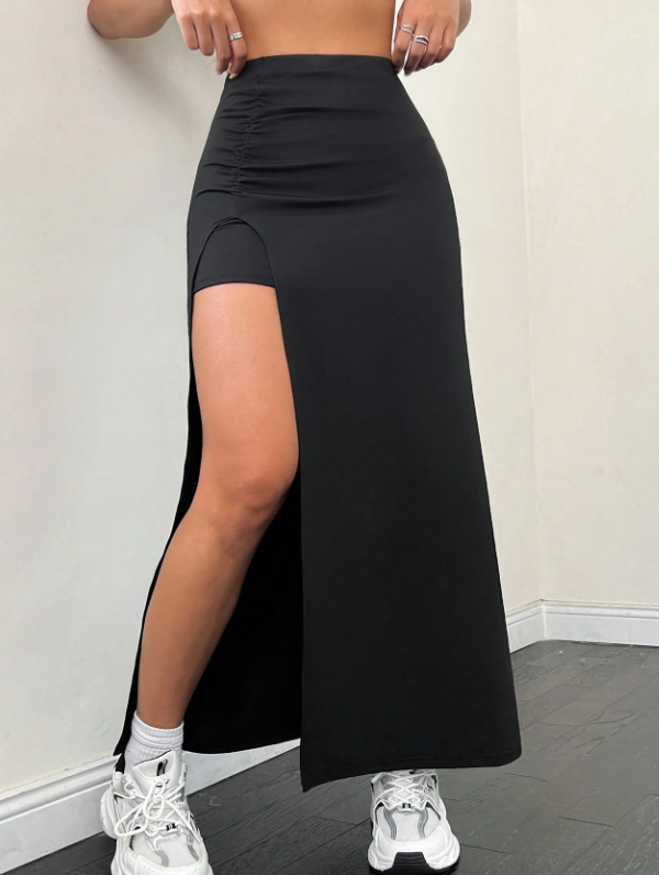 Falda midi fruncida con abertura en la falda, de color liso y plisada, para uso casual diario