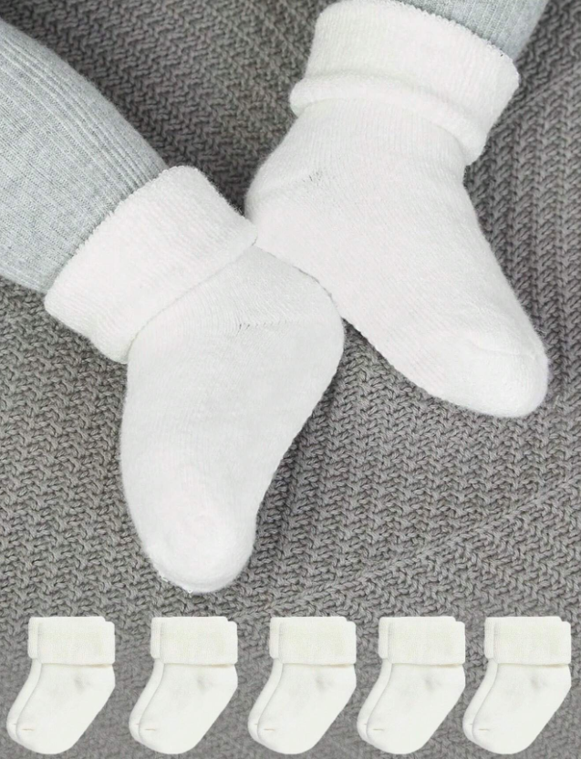 5 pares Calcetines sólidos de bebé con dobladillo grueso y cálido, otoño e invierno