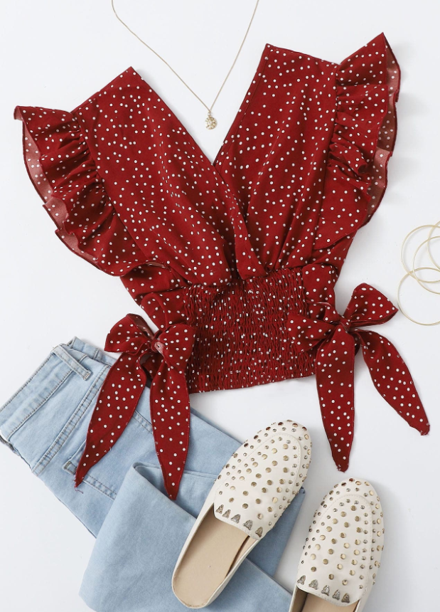 Breezaya Top de lunares con nudo fruncido ribete fruncido