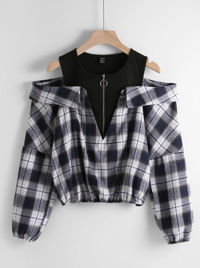 SHEIN MOOSTA Blusa con hombros descubiertos, cierre de cremallera y diseño de cuadros, manga larga