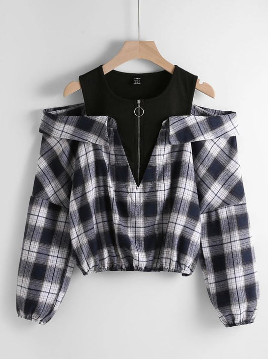 SHEIN MOOSTA Blusa con hombros descubiertos, cierre de cremallera y diseño de cuadros, manga larga