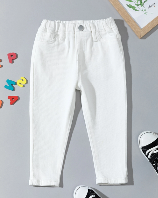 Jeans De Cintura Elástica Con Bolsillos Inclinados Para Niñas Pequeñas