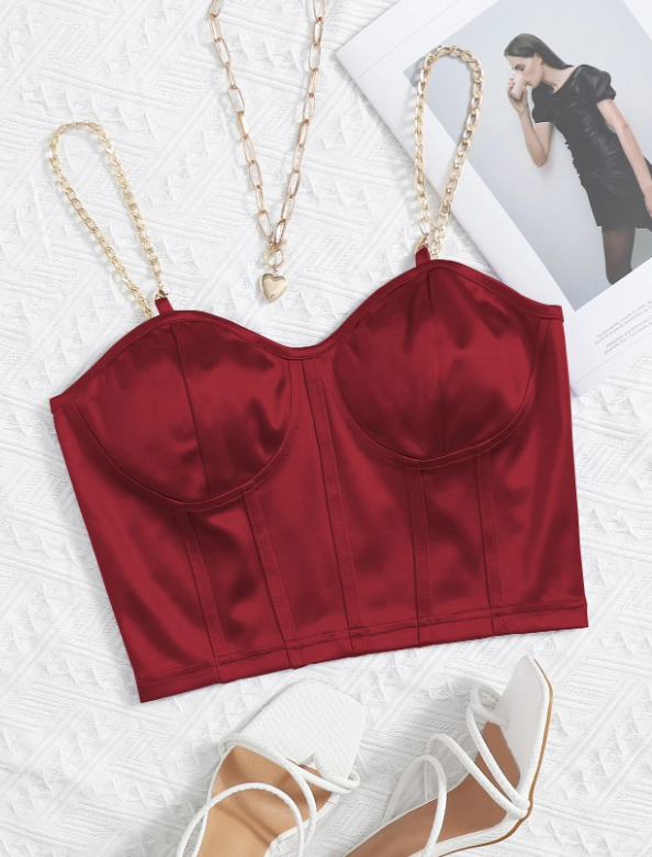 Top corto de tirantes bustier de seda con cadena