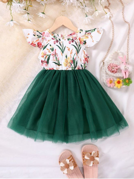 SHEIN Glamorique Kids Vestido De Línea A Con Malla De Contraste Y Estampado Floral Par