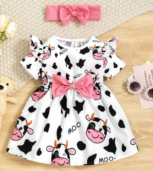 Conjunto De Vestido De Manga Corta Con Patrón De Vaca Y Diadema Con Lazo