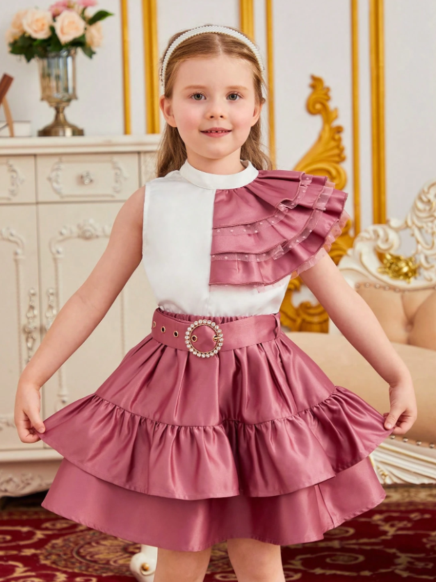 Conjunto de 1 top con volantes de dos tonos y 1 falda con cinturón para niña joven DRMZ