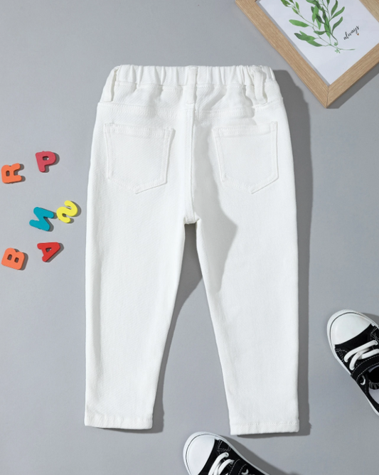 Jeans De Cintura Elástica Con Bolsillos Inclinados Para Niñas Pequeñas