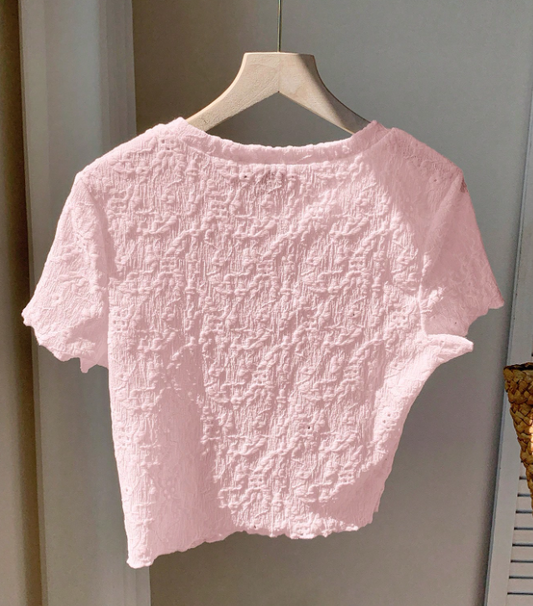 Camiseta básica de manga corta de cuello redondo tejida en jacquard rosa