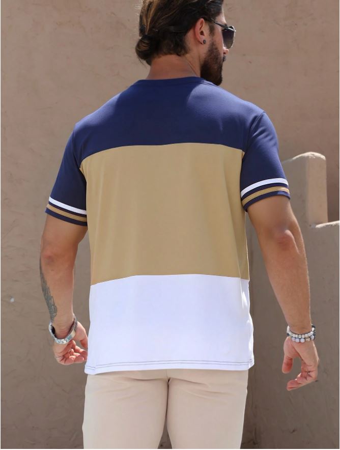 Manfinity Dauomo Camiseta casual ajustada de cuello redondo con mangas cortas a rayas y contraste de color para hombre