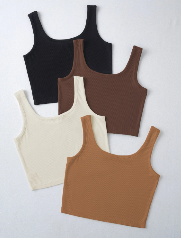 Set de 4 tops sin mangas de tirantes anchos de unicolor con cuello en U