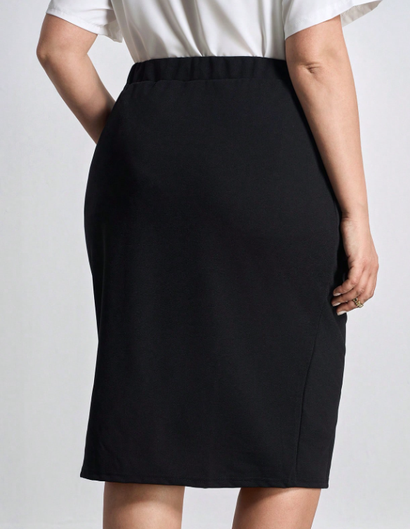 Chikora Falda ajustado con bolsillos y decoración de botones para mujer de talla grande, atuendos de oficina para mujer